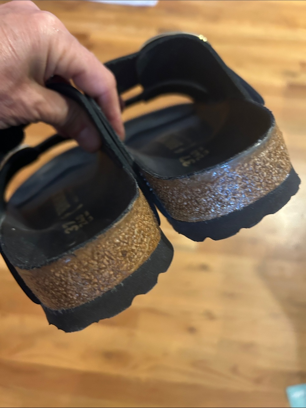 Black Birkenstock Triple-Buckle Slide Sandals with Gold Buckles - Shiny Finish - Picture 3 of 4
